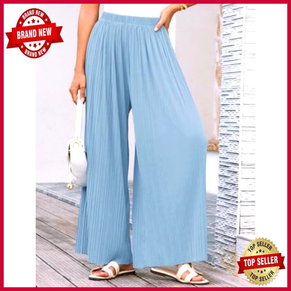 Wide Leg Palazzo Pants Pleated High Elastic Waist Flowy Loose Boho Chic - Picture 5 of 7